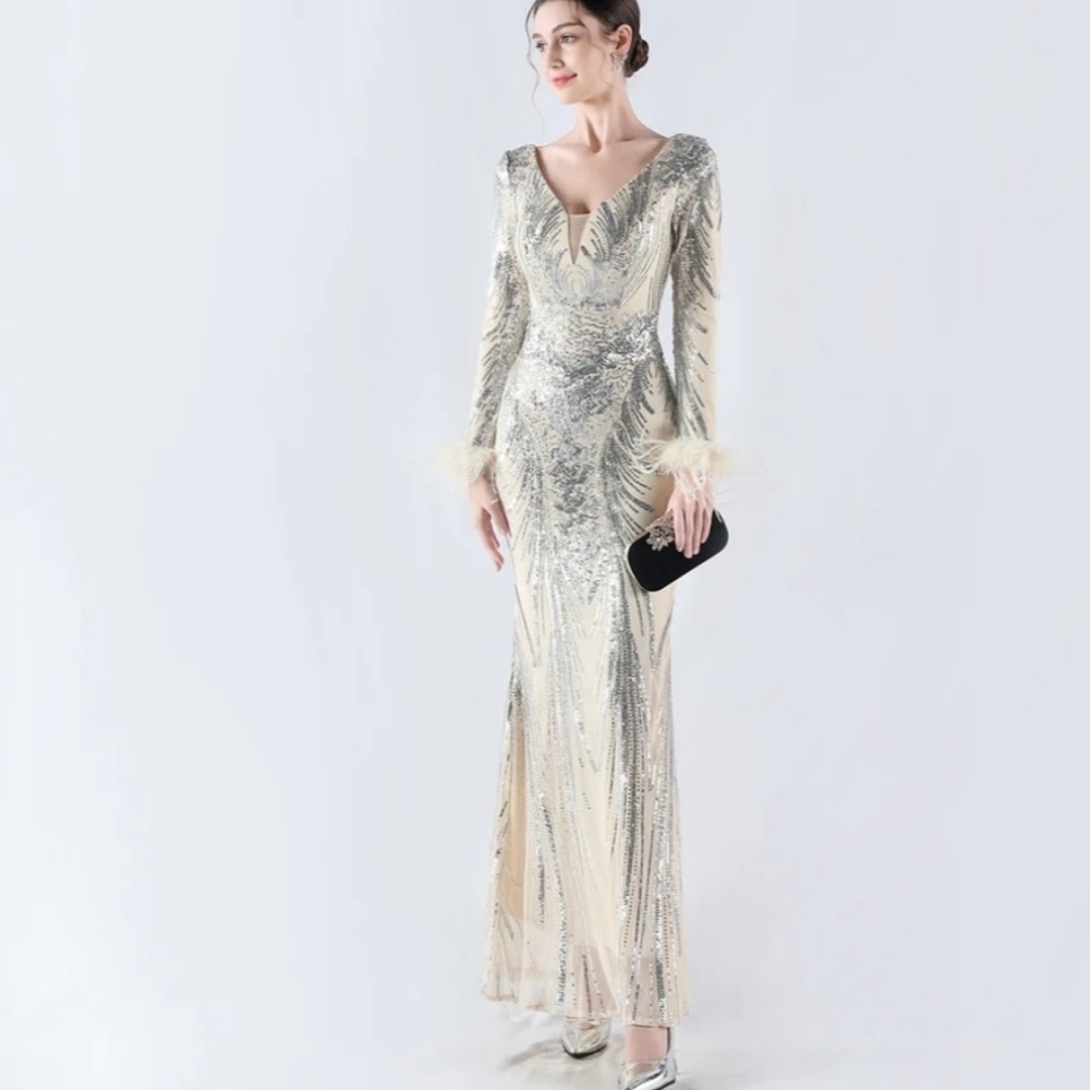 Sequin Silver & Cream Long-Sleeve Evening Gown With Ostrich Feathers - Picture 7 of 16
